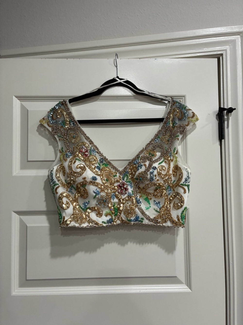 Sherri Hill White Crop Top with Gold Sequin Embellishment and Multicolor Beading